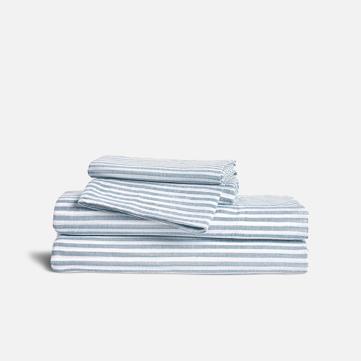 Washed European Linen Core Sheet Set - Oxford Stripe in Storm Chambray / Full