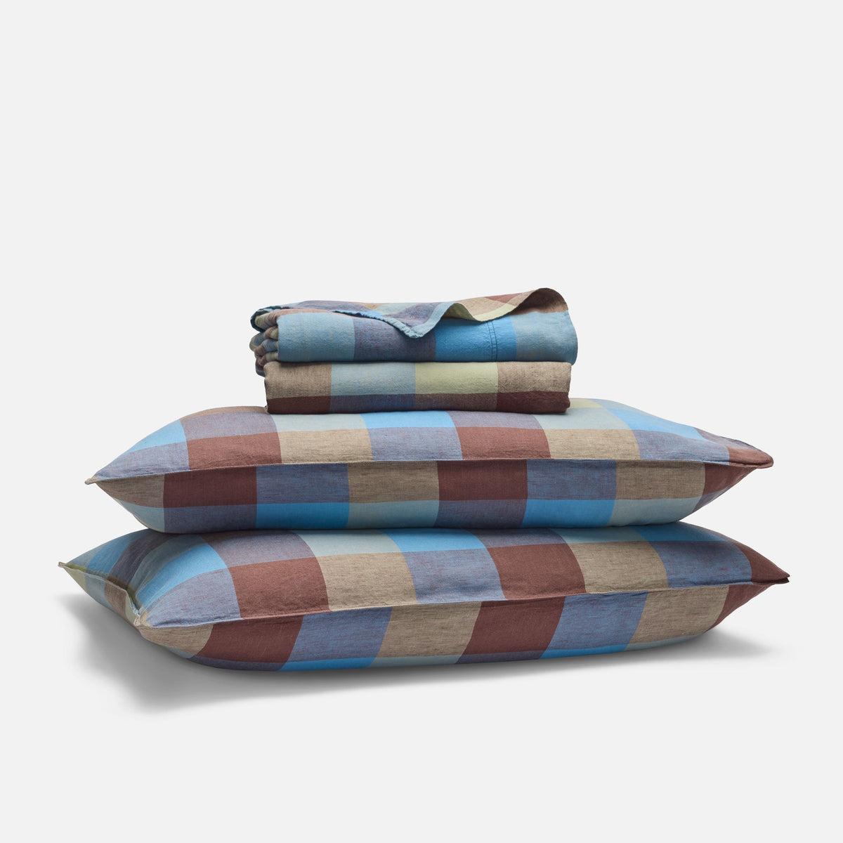Washed European Linen Core Sheet Set - Sunset Check in Vista / Full