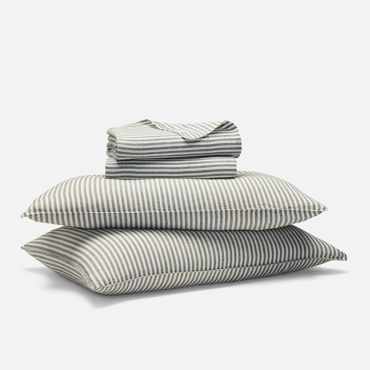Washed European Linen Core Sheet Set - Oxford Stripe in Fresh Moss Chambray / Full